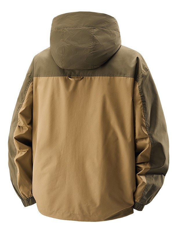 Back view of a men's lightweight all-weather jacket, showing hood and breathable design for outdoors.