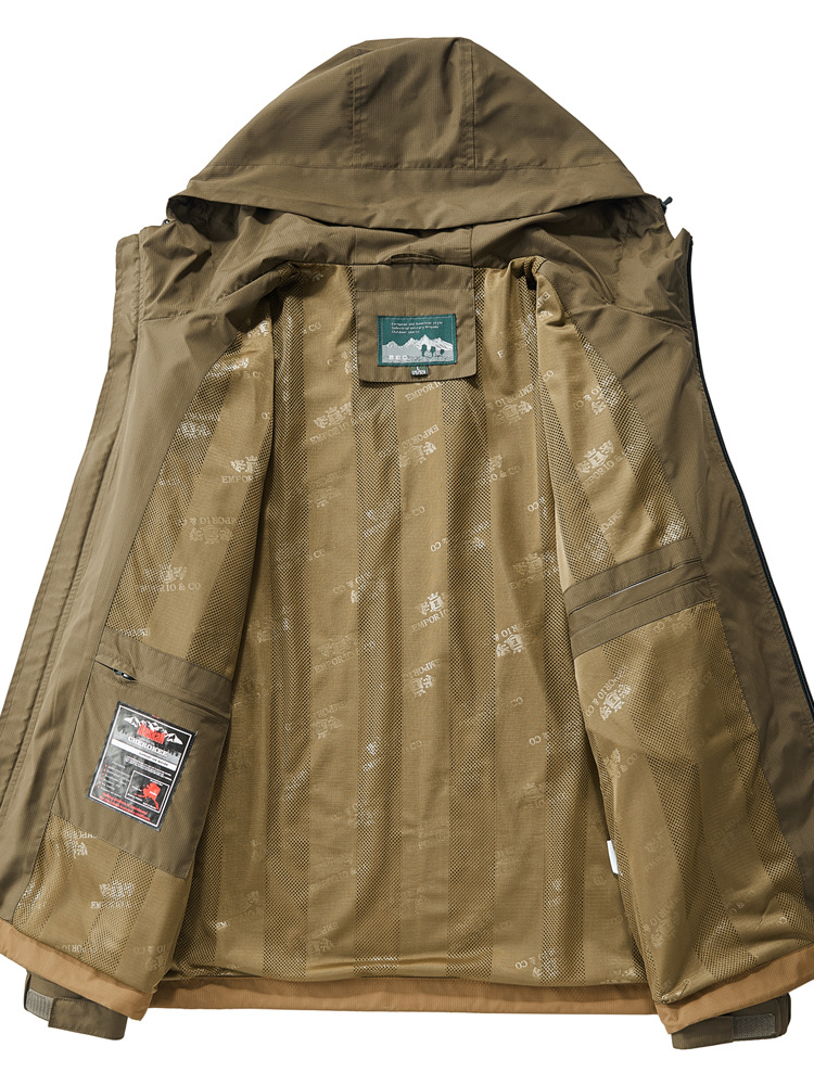 Men's versatile tactical jacket in desert tan, ideal all-weather outerwear for adventure and utility.