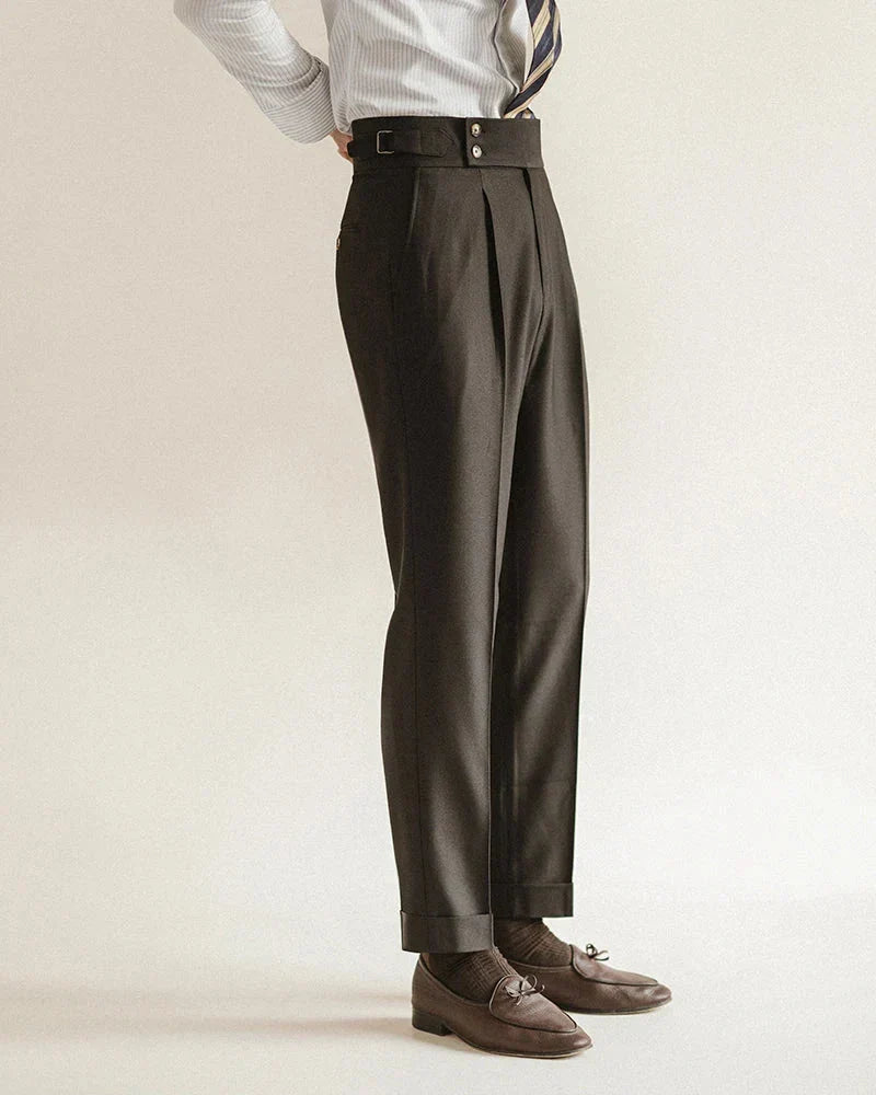Men's tailored cotton blend business trousers in a rich burgundy, a stylish choice for officewear.