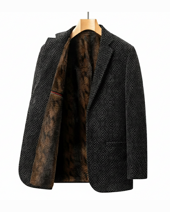Men's tailored black wool blend blazer coat with stand collar, perfect for winter fashion & outerwear