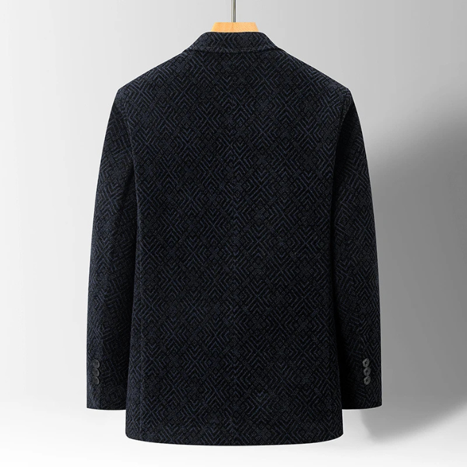 Full shot of a man wearing a chic wool blend blazer coat, ideal for cold weather & elegant outerwear
