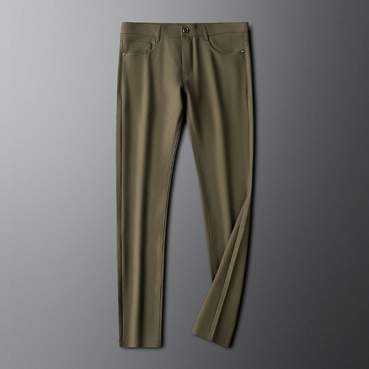 Men's army green contemporary dress pants paired with a shirt, highlighting the modern formalwear look
