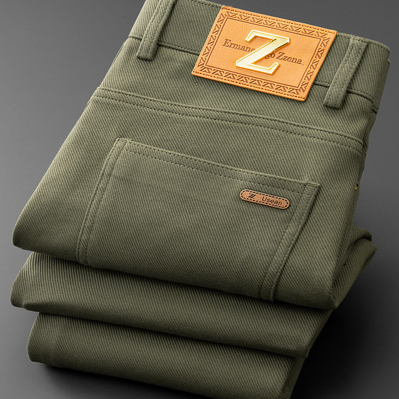 Men's tailored fit stretch denim jeans in classic khaki, perfect for a versatile casual look.