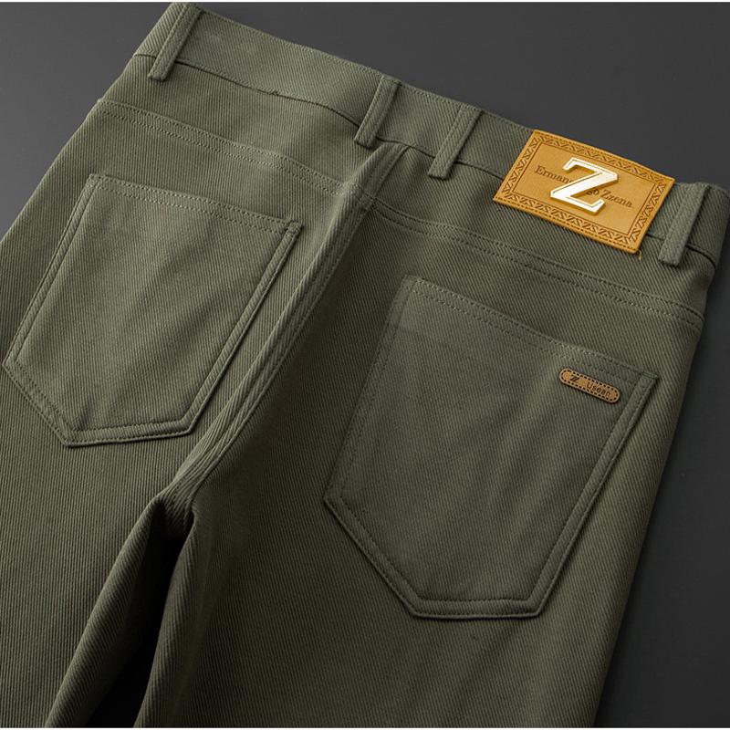 Khaki tailored stretch denim jeans for men, a key piece for a smart casual wardrobe.