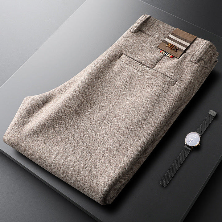 Khaki men's dress pants, tailored for a modern fit, ideal for business or events.