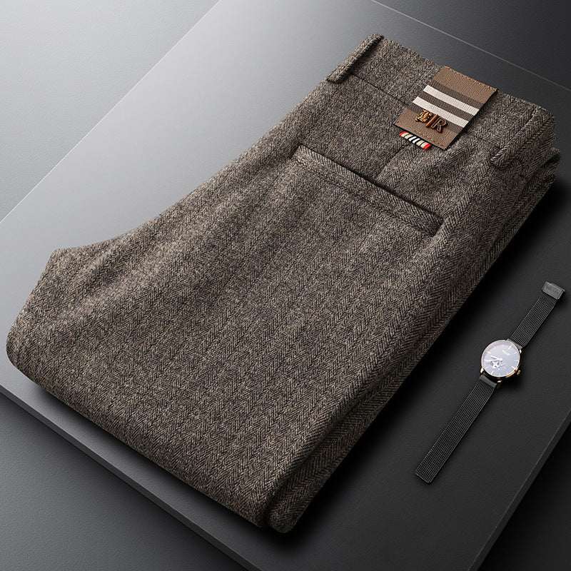 Champagne colored men's tailored trousers, versatile for formal and casual occasions.