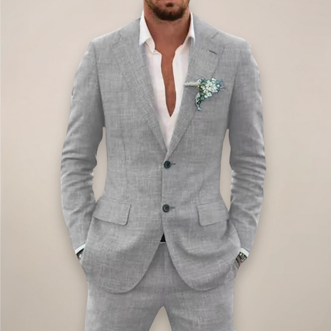 Lightweight men's tailored two-piece suit, ideal for comfortable spring & summer elegant menswear.