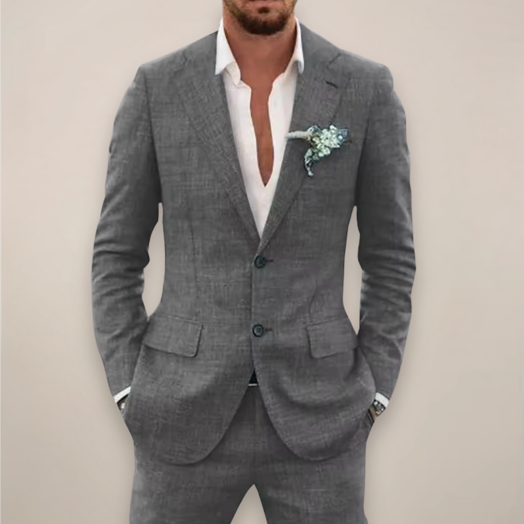 Stylish menswear: a tailored two-piece suit for elegant spring fashion, summer events & wedding guests.