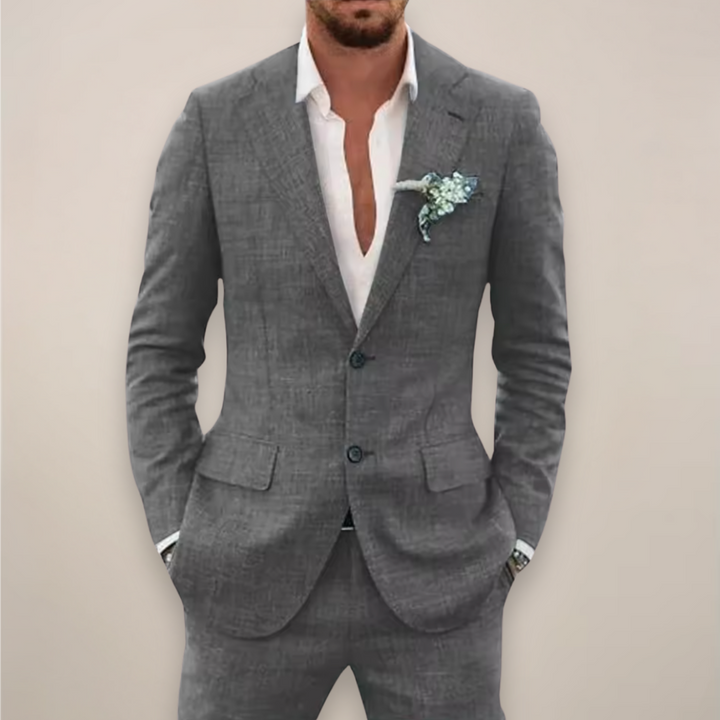 Stylish menswear: a tailored two-piece suit for elegant spring fashion, summer events & wedding guests.