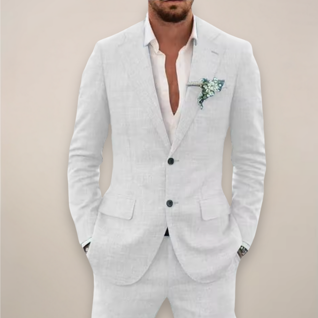 Sharp men's tailored suit, a versatile two-piece for smart spring/summer formal wear & party elegance.