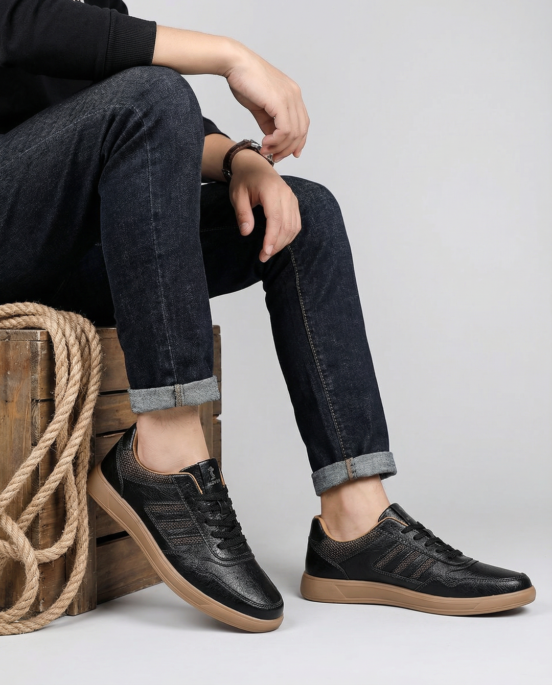 Stylish grey men's leather sneakers, providing ultimate comfort for everyday city wear