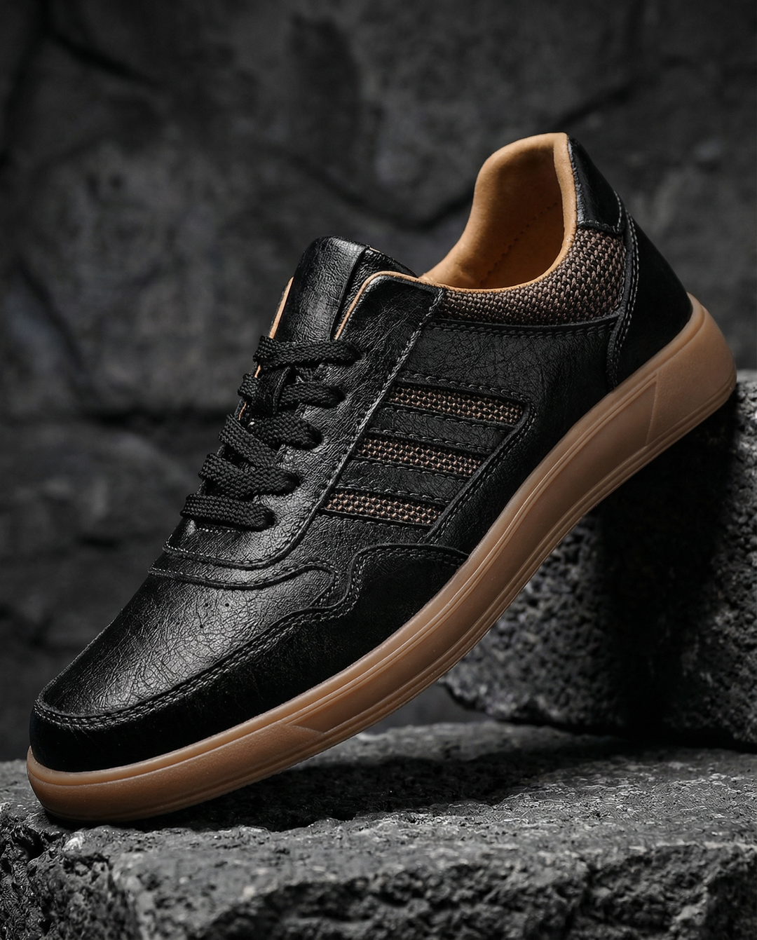 Side view of men's blue leather comfort trainers, emphasizing sleek design & everyday use