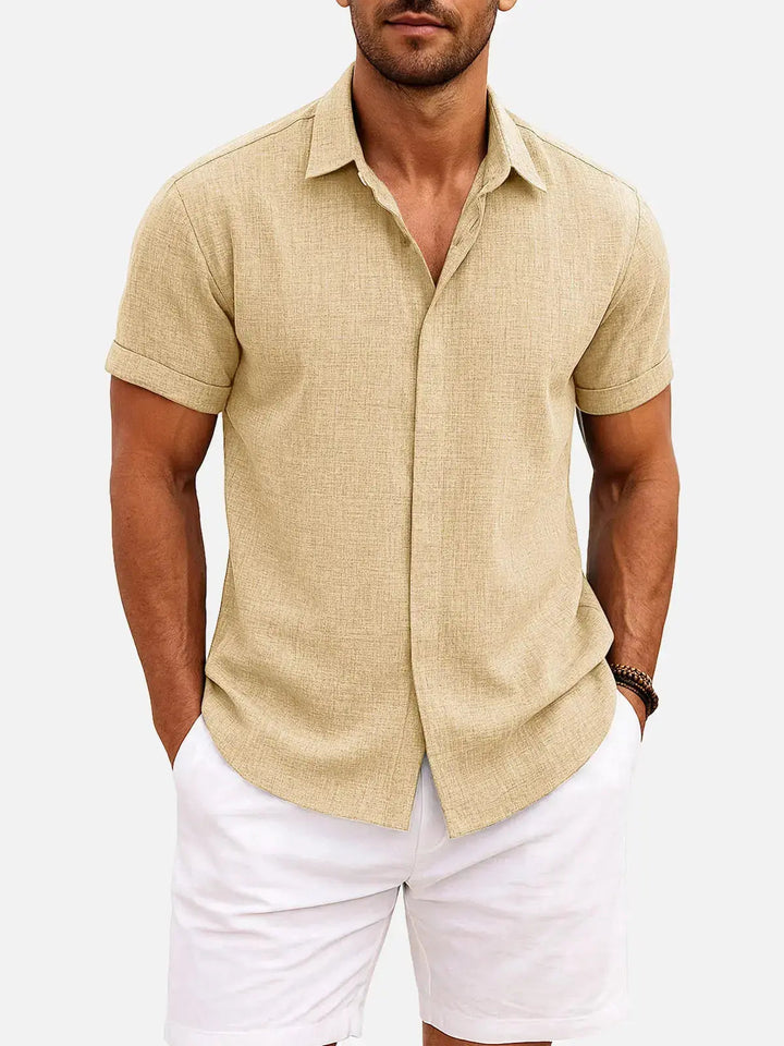 Men's summer shirt: stylish textured short sleeve button down, collared.