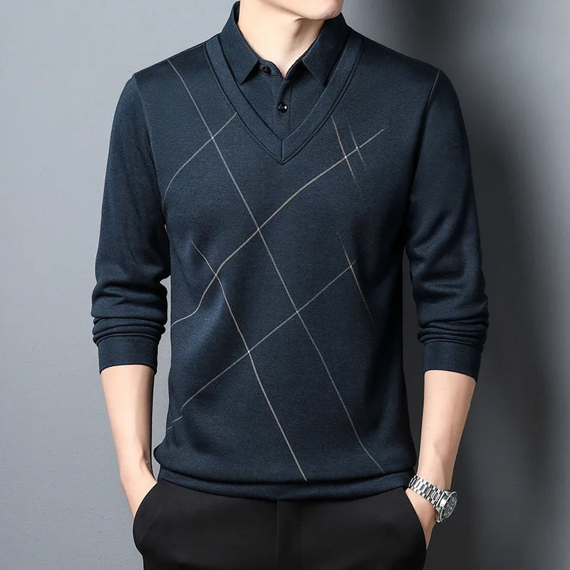 Men's textured collared knit sweater in a neutral color, perfect for casual winter fashion.
