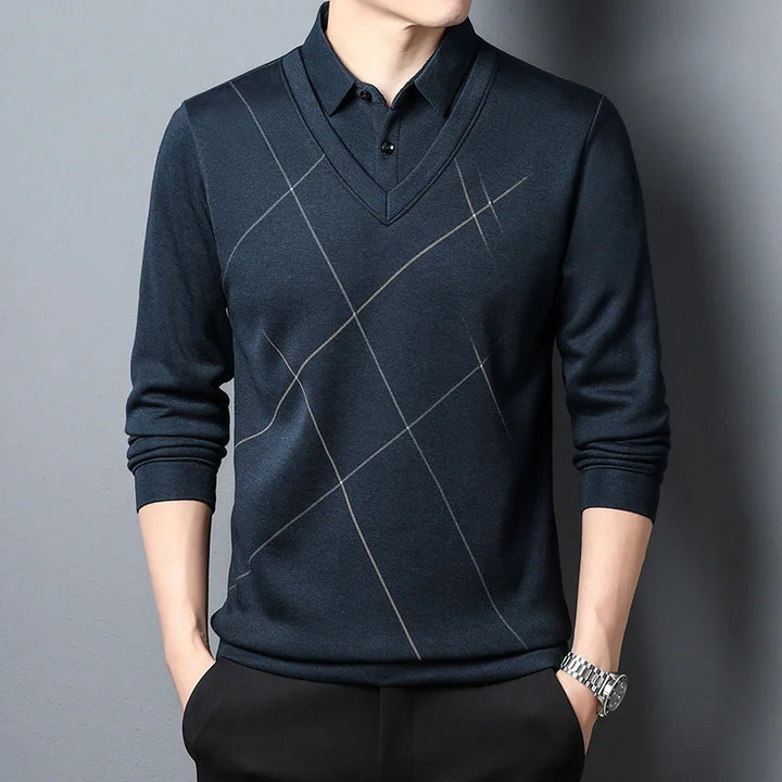 Men's textured collared knit sweater in a neutral color, perfect for casual winter fashion.