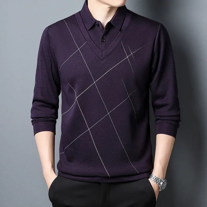 Front view of a men's collared knit sweater, showcasing its relaxed fit and winter appeal.