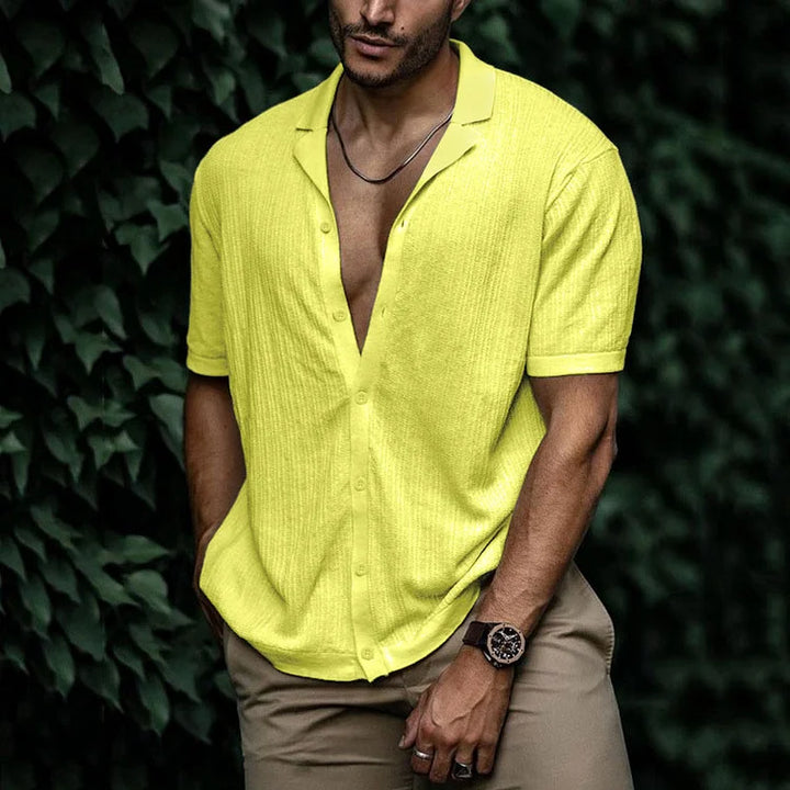 Men's comfortable textured Cuban collar summer shirt. Short sleeve for stylish movement, beach, and everyday wear.