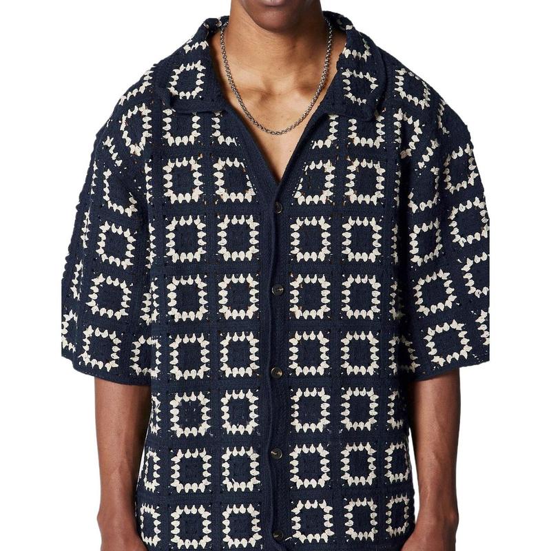 Men's textured geometric knit shirt, short sleeve, button front, casual chic cotton blend