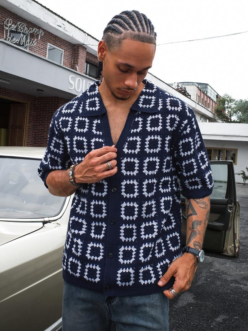 Men's fashion: Geometric patterned knit shirt, short sleeve, textured fabric, button-front design