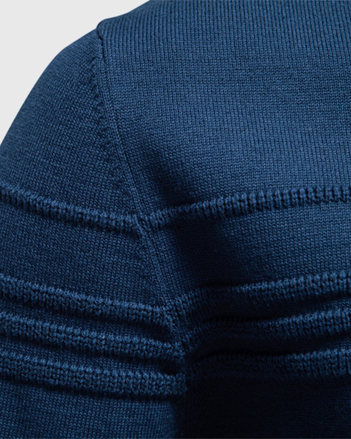 Front view of a men's classic black textured crew neck sweater on a mannequin