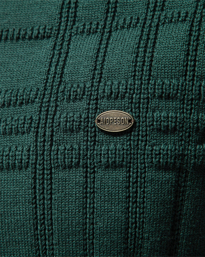 Isolated image of a men's red textured crew neck sweater, showcasing its vibrant color
