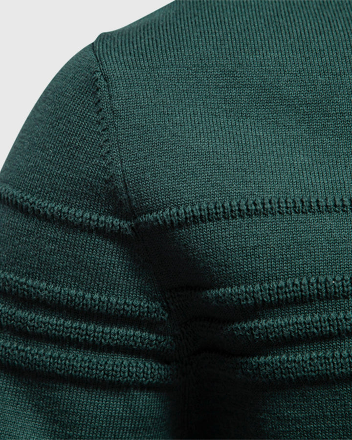 Side profile of a man in a relaxed fit textured crew neck sweater for everyday comfort
