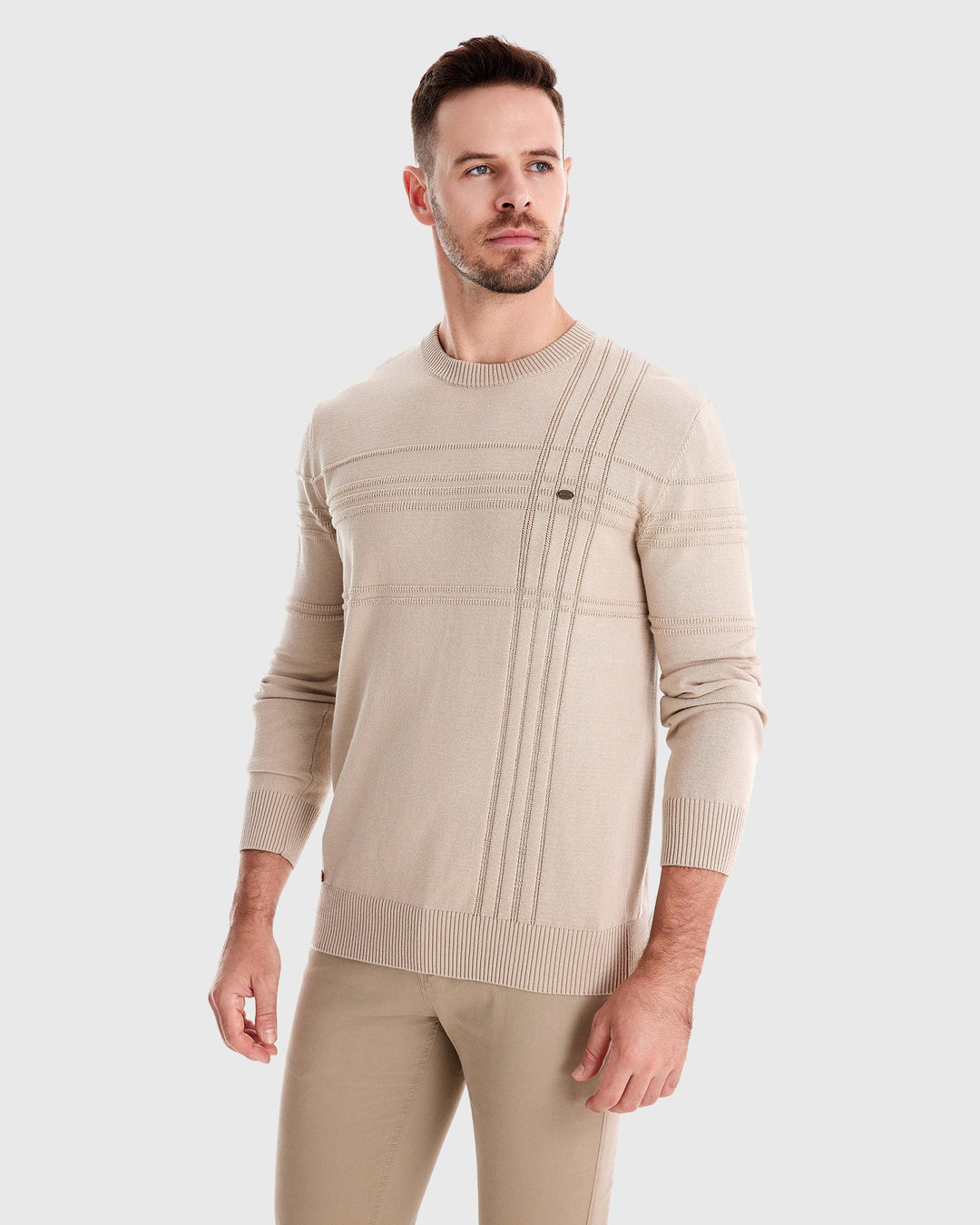 Men's autumn fashion: a textured crew neck sweater in earthy tones