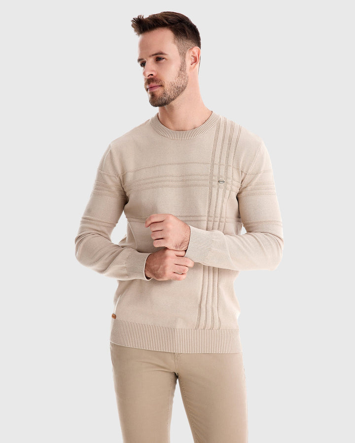 Men's versatile textured knit long sleeve crew neck sweater for all seasons