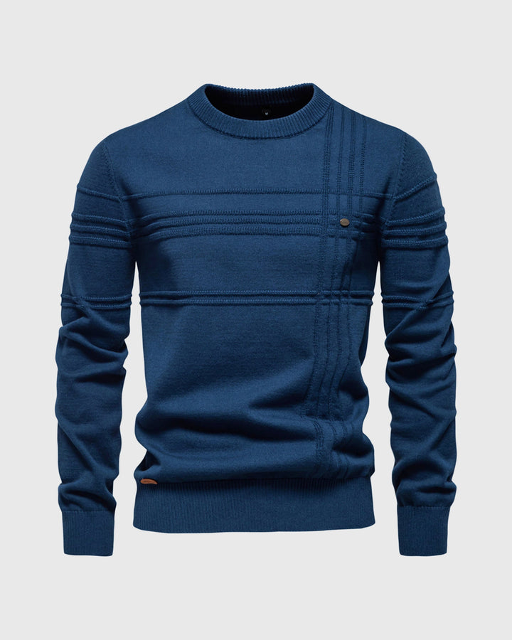 Model wearing a men's olive green textured crew neck sweater, perfect for casual wear