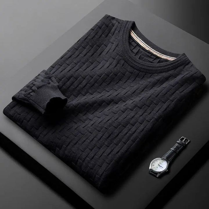 Full shot of a men's casual crew neck sweater, featuring a modern textured knit for stylish winter wear.