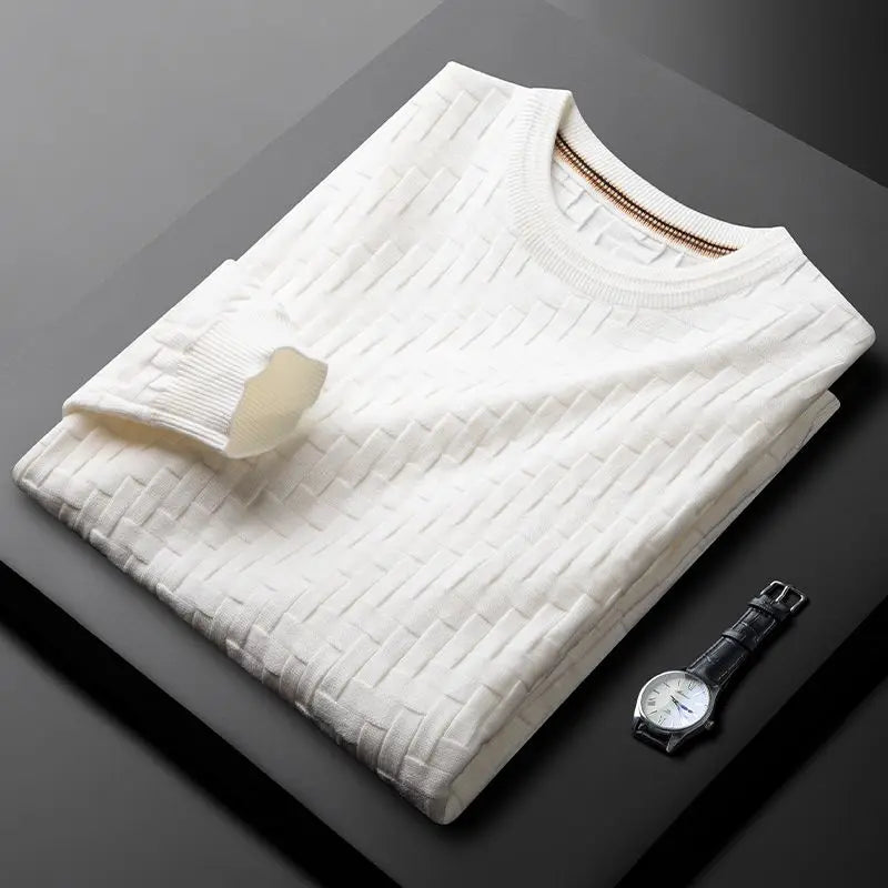 Comfortable men's knit sweater with a textured finish and classic crew neck, made from a breathable cotton blend.
