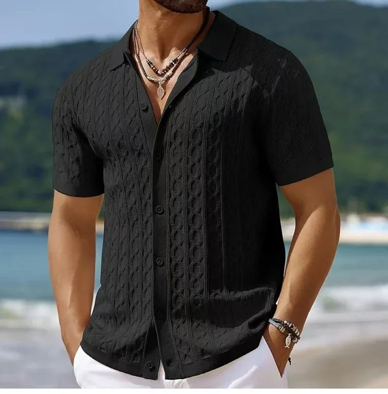 Stylish green men's polo shirt with a textured knit. Ideal short sleeve top for smart casual spring & summer outfits.