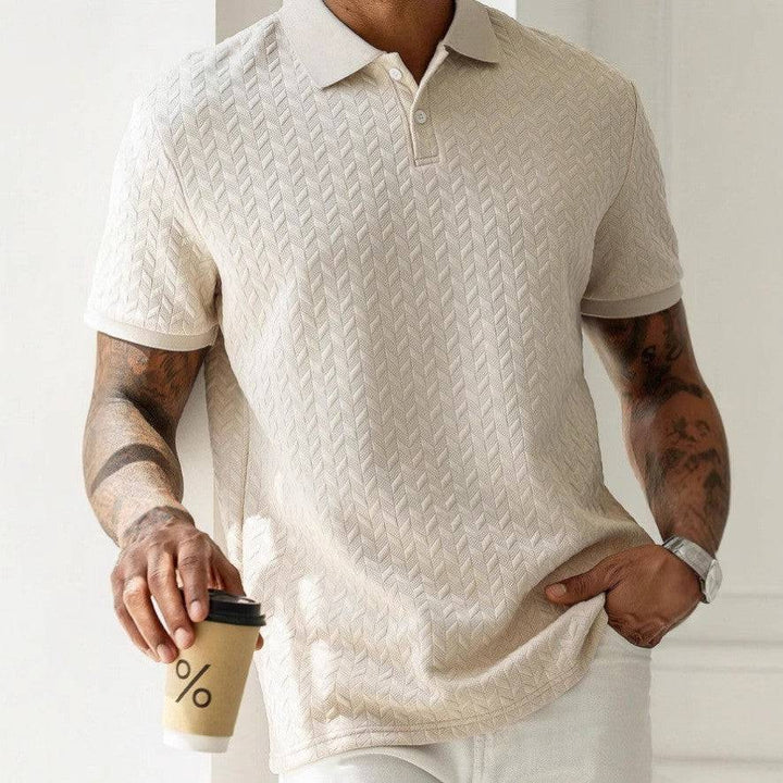 Breathable men's collared polo shirt, perfect for warm weather. Comfortable summer fashion.