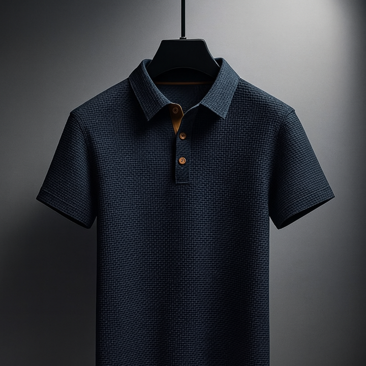 Modern men's textured polo in a solid color, featuring a button-down placket and comfortable short sleeves. Casual fashion.