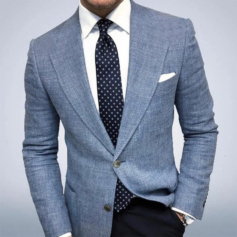 Close-up of a men's textured tailored jacket, showcasing the unique fabric and slim fit.