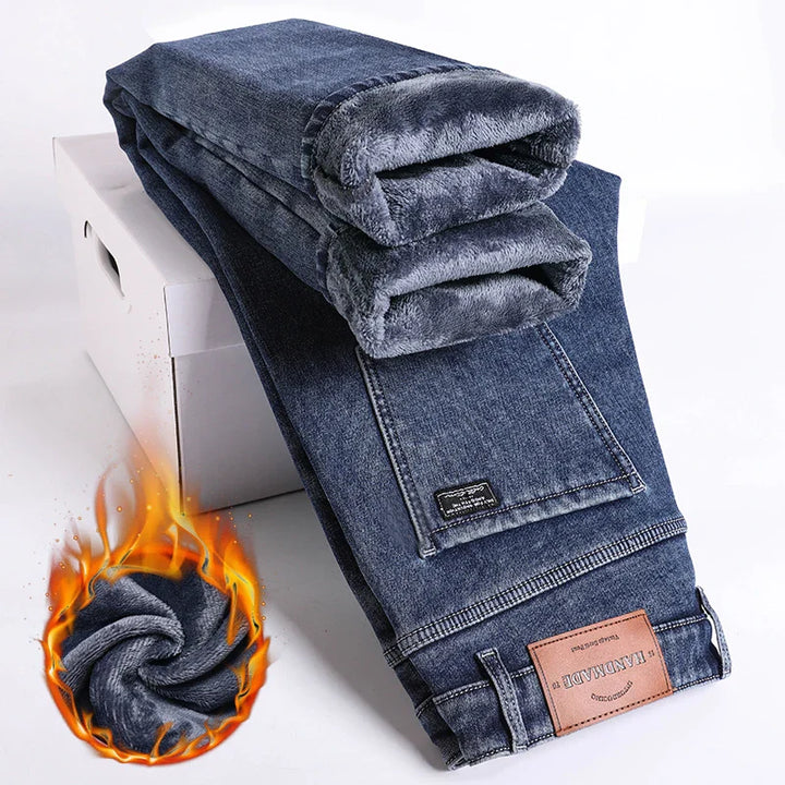 Men's thermal lined slim fit denim jeans, dark wash, front view. Perfect for winter warmth.