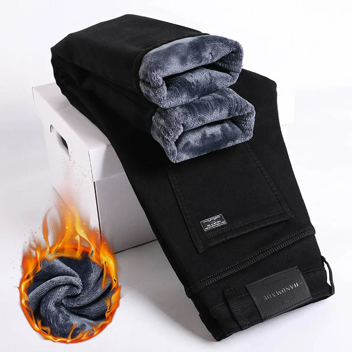 Slim fit men's jeans in a dark blue denim, featuring thermal lining for extra warmth and comfort.