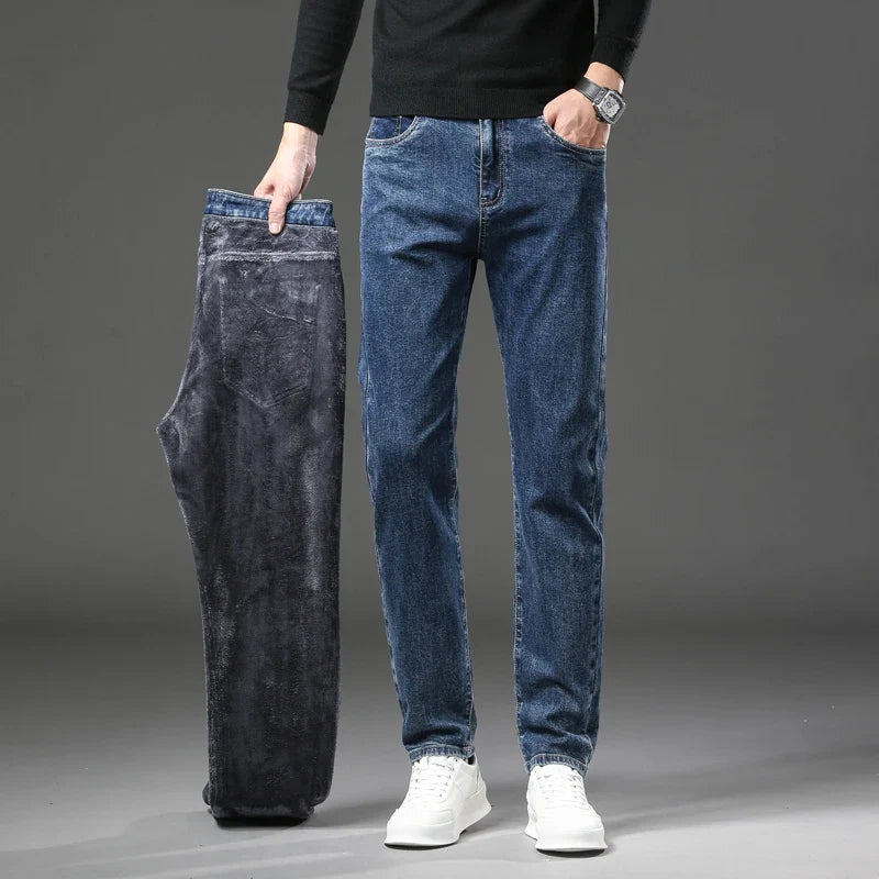 Back view of men's thermal lined stretch denim jeans, highlighting pocket detail. Winter pants for men.