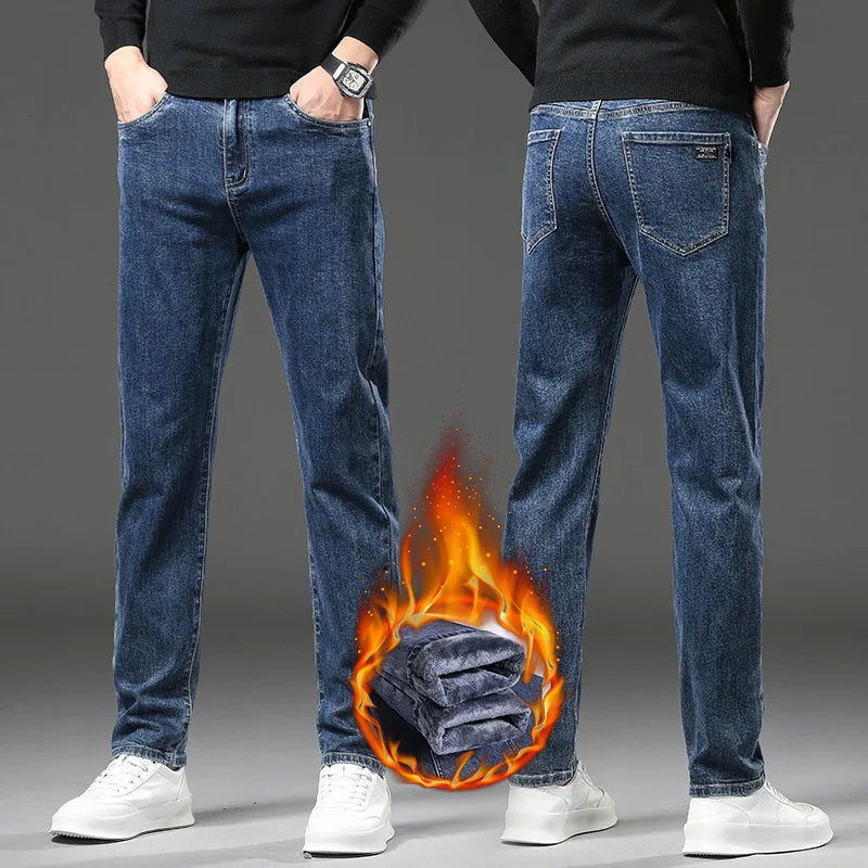 Men's dark wash denim trousers, slim fit, with warm thermal lining. Essential winter clothing.