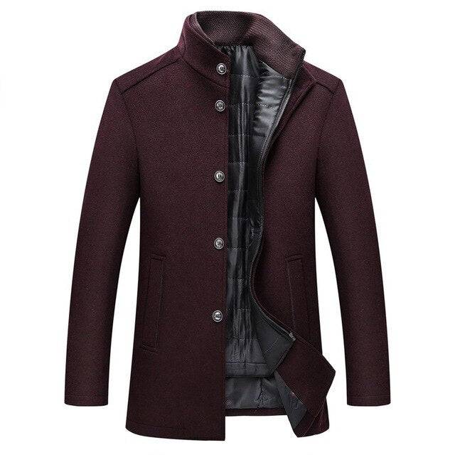 Close-up of the mandarin collar on a men's thick wool single-breasted coat. Stylish men's fashion.