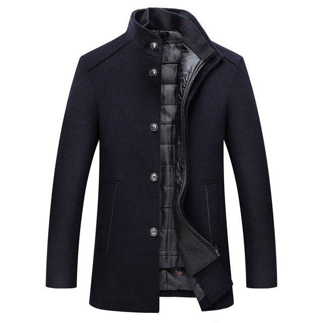 Full-length view of a classic men's thick wool single-breasted coat, a versatile piece of men's outerwear.