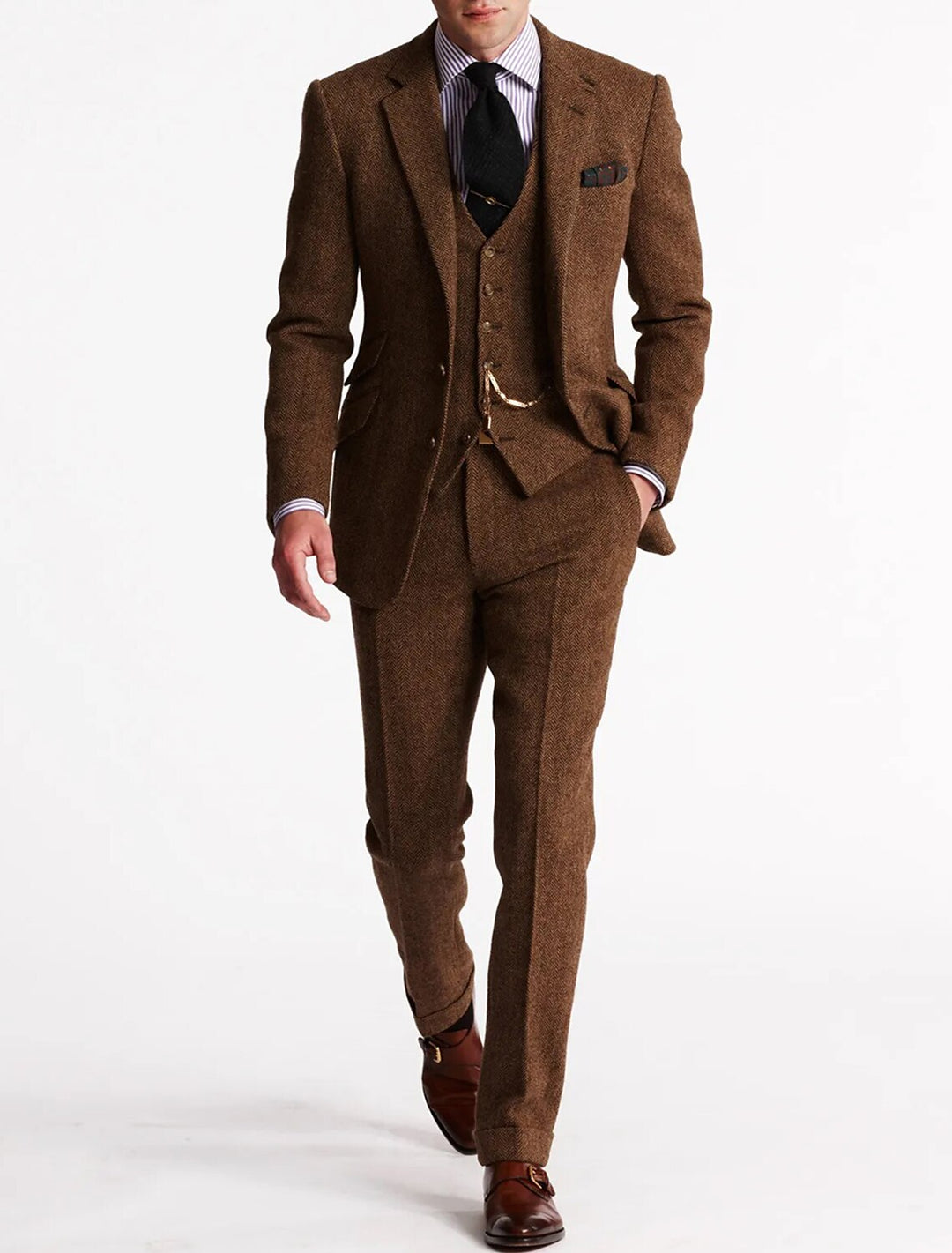 Men's tweed three-piece suit, a stylish choice for spring formal wear and weddings, showcasing classic style.