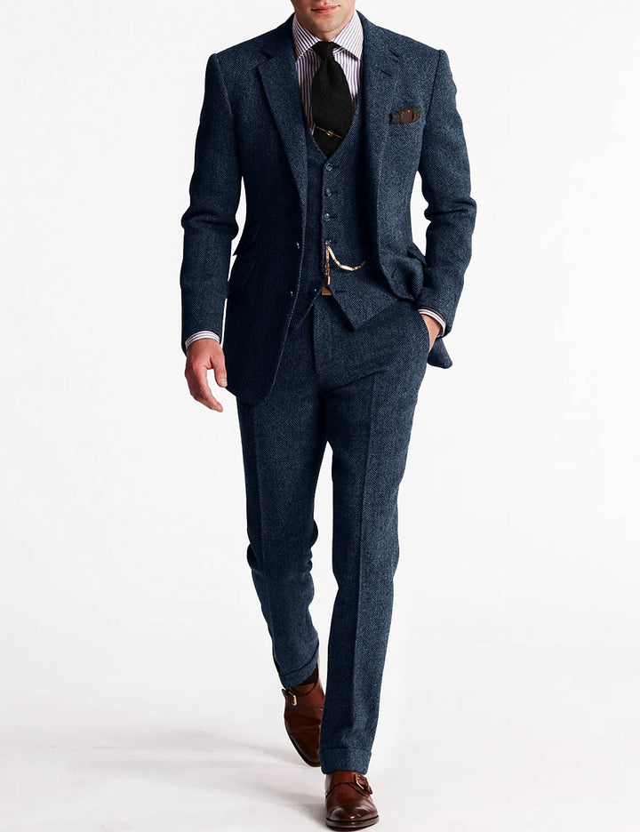 Men's classic tweed three-piece suit, an elegant option for spring weddings, business, and formal occasions.