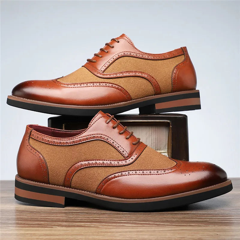 Side profile of men's two-tone wingtip brogue oxfords, with distinct color blocking