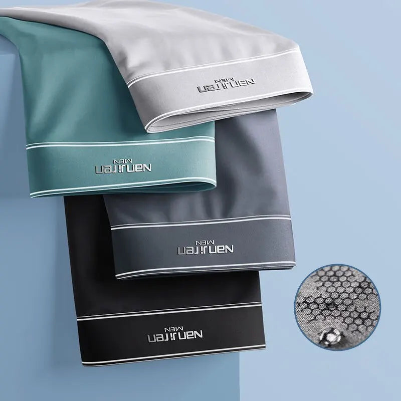 Men's active boxer briefs 4-pack. Fresh & breathable ice silk for athletic support & seamless comfort.