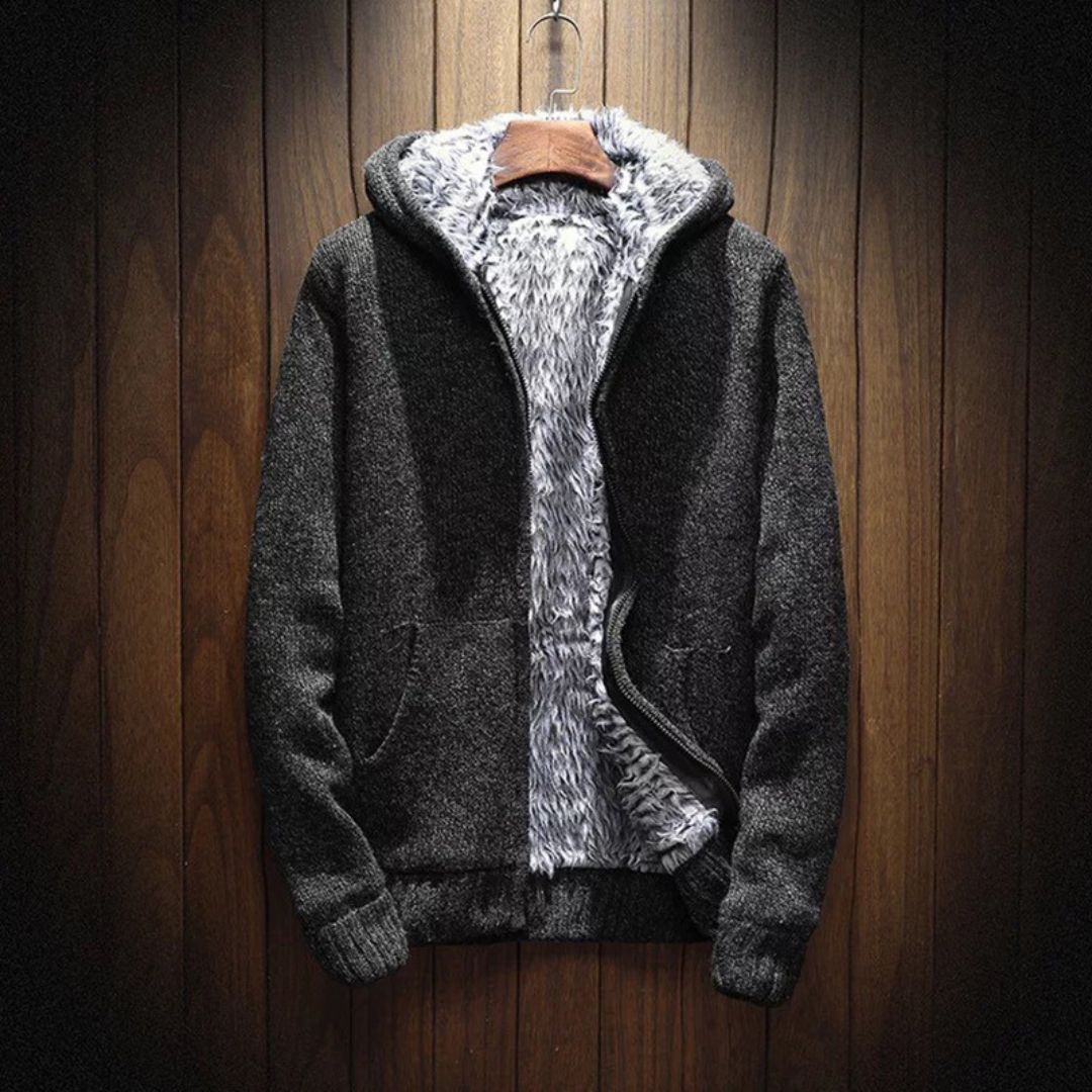 Dark grey men's fur-lined cotton hoodie, a cozy and stylish choice for winter casual wear.