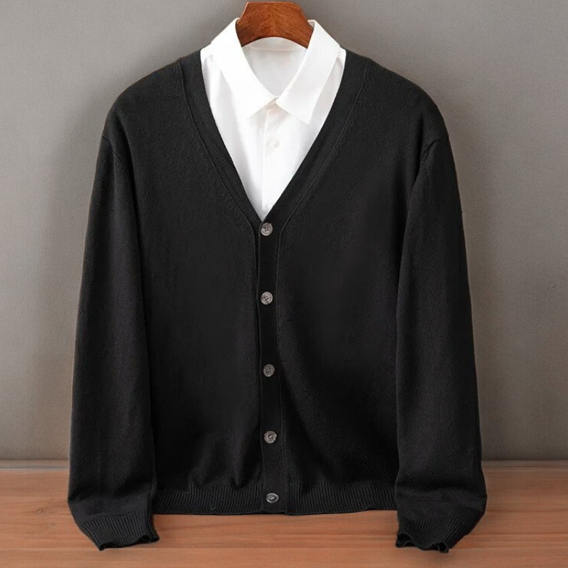 Casual men's long-sleeve knit cardigan in Santorini blue. Essential soft layering sweater for fall.
