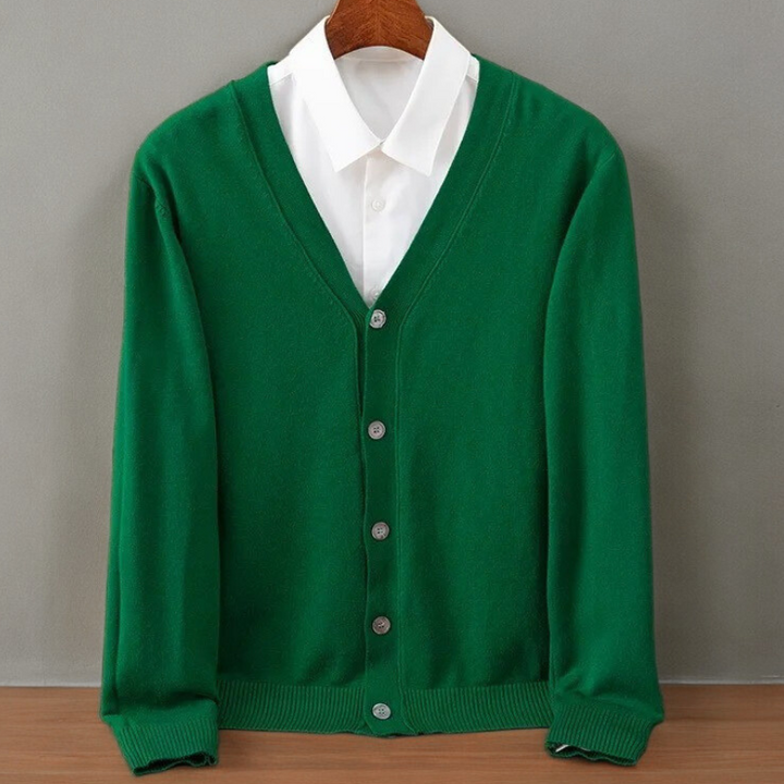 Stylish men's fashion knit cardigan. Ultra-soft, comfortable long sleeve sweater for versatile wear.