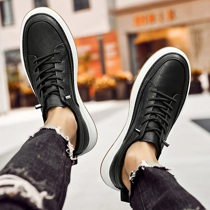 Classic dark brown leather men's sneakers, a staple for smart casual urban fashion