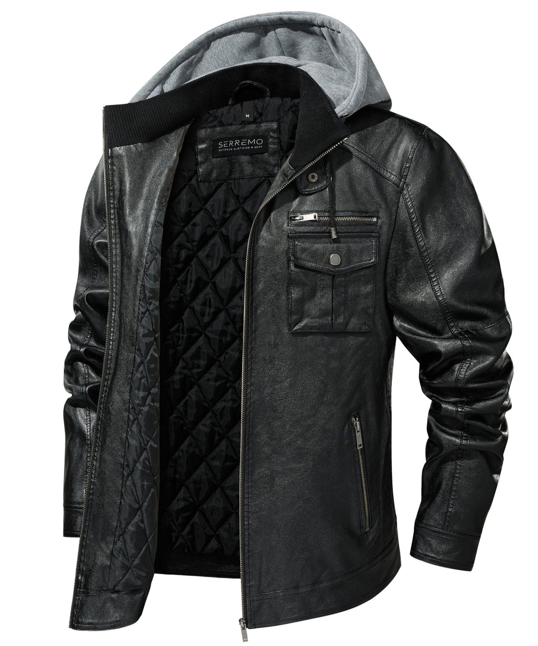 Stylish black faux leather men's jacket with a stand-up collar and front zipper, ideal for urban fashion